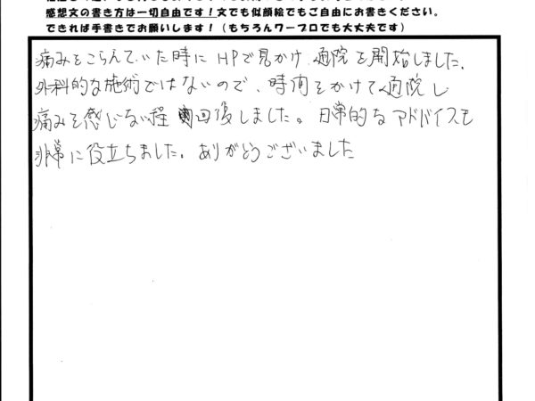 こらえていた足底筋膜炎の痛みが、感じない程に回復しました